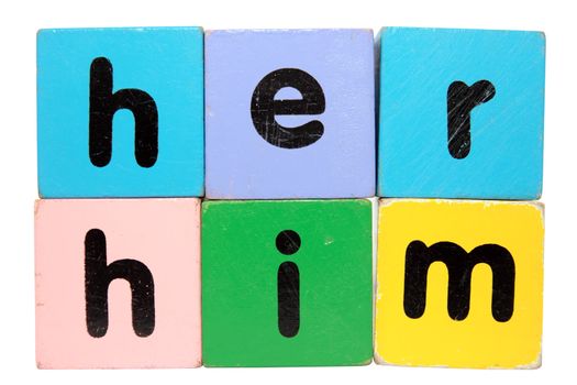 assorted childrens toy letter building blocks against a white background that spell her him with clipping path
