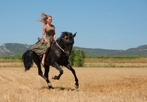 young woman and her black stallion in a field in summer