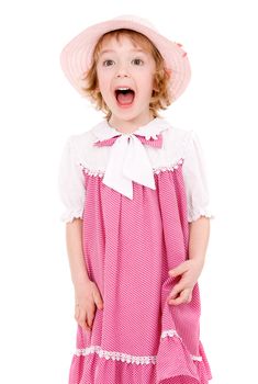 Young screaming girl in a pink dress in isolated white