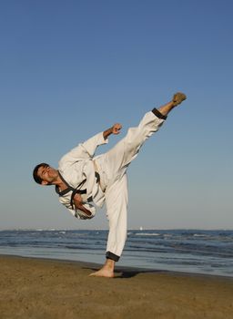 a young man is training in taekwondo on the beach