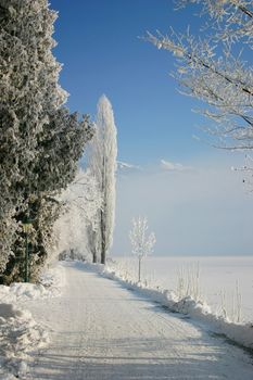 Frozen winter road near the Zell am See lake in Austria