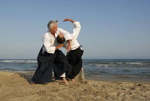 Two adults are training in Aikido on the beach