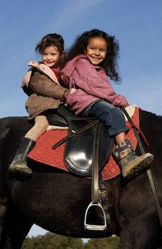 two laughing little girls on a black horse