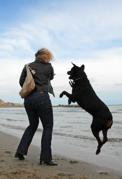 young woman and her rottweiler playing on the beach