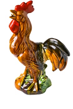 Porcelin decorative rooster isolated on white.