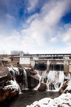 A hydro electric dam in the winter