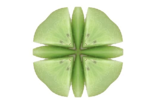 Photo manipulation of  kiwifruit slices isolated in white.