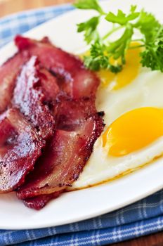 Tasty breakfast of bacon and fried eggs