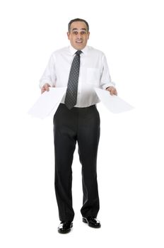 Business man in suit with confused expression holding papers