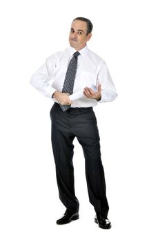 Business man in suit holding rolled up paper