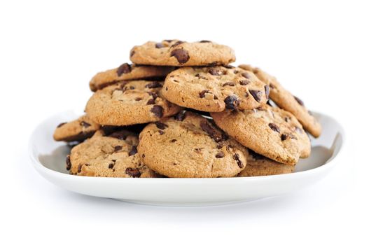 Plate of chocolate chip cookies isolated on white background