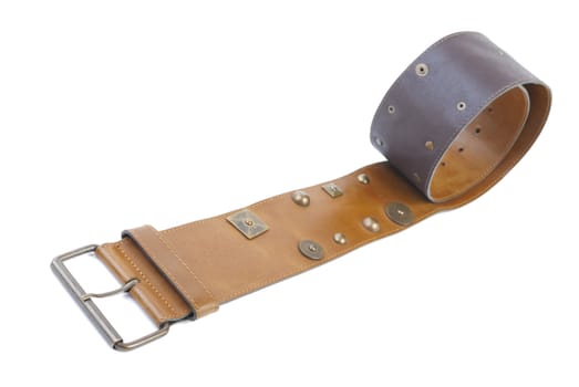 Brown leather belt with rivets. Isolated on white background