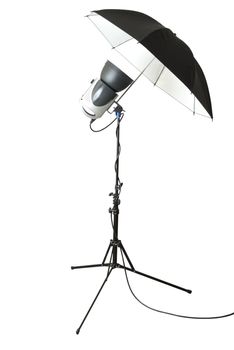 Single set of professional flashlight and umbrella. Isolated on white background