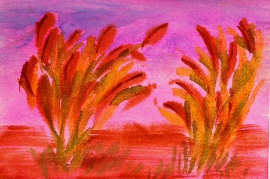 Abstract watercolor of sunrise behind wild grasses
