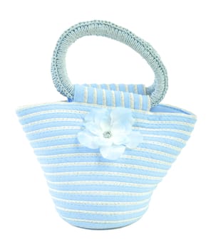 Blue textile bag with flower. Isoalted on white background