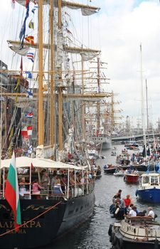 AMSTERDAM, AUGUST 19, 2010: Tall ships along the quay at Sail 2010 in Amsterdam, Holland on august 19, 2010