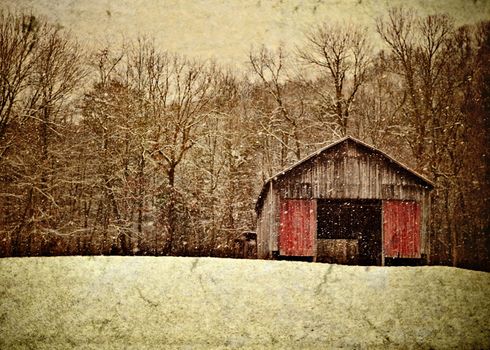 Illustration of an appalachian tobacco barn in the winter