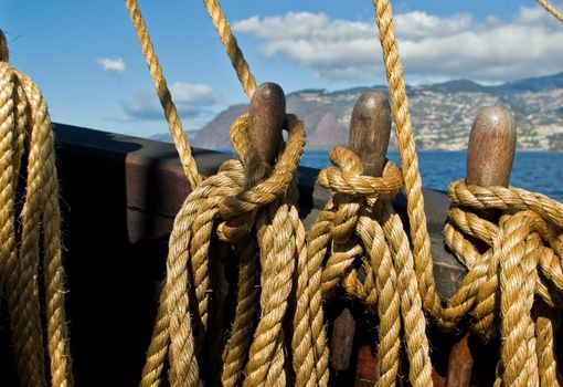 Sailing along Madeira coast on a replica of old sailing vessel.