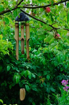 A bamboo wind chimes hanging in an apple tree in a garden.