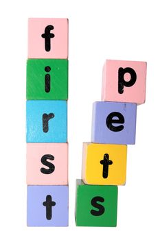 toy letters that spell first step against a white background with clipping path