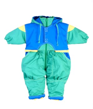 Green childhood winter jacket. Isolated on white background