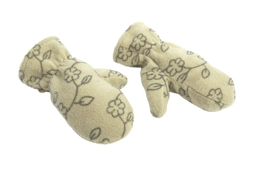 Green childhood winter mittens. Isolated on white background