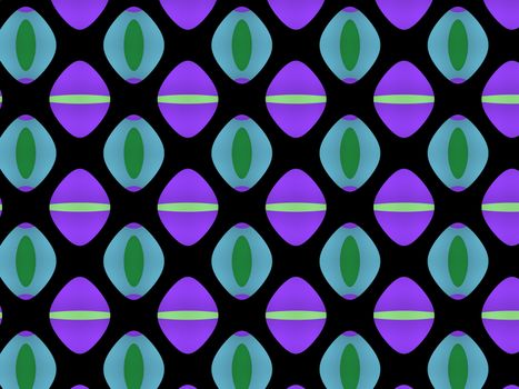 An abstract pattern of Easter egg shaped spots on a black background. The pattern is done in shades of green and purple.
