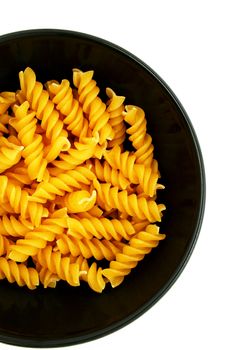 pasta in a black bowl on white background