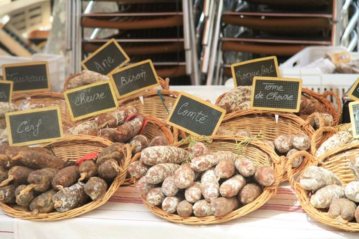 Traditional french sausages on a local market in Bedoin, France