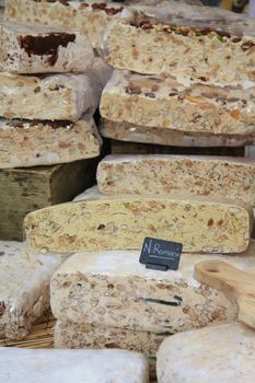 Big pieces of nougat on a local Provencale market in Bedoin, France 