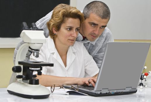 Two researchers coleagues analyzing the results of the experiment on a laptop.