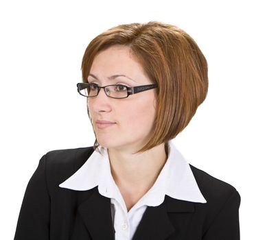 Portrait of a woman with galsses isolated against a white background.