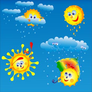 The sun is shining, the weather is different, rainy clouds, rain, drops of water, hiding behind a cloud, the heat on the street, hiding under an umbrella, sun rays,
cheerful sun, looking down, welcomed us, watching the sky