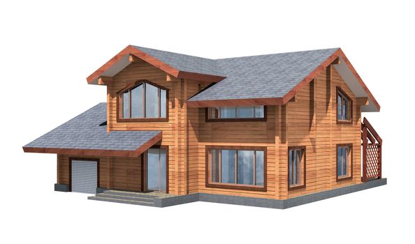 Residential house of wooden timber. 3d model render. Isolation on white background. Real estate