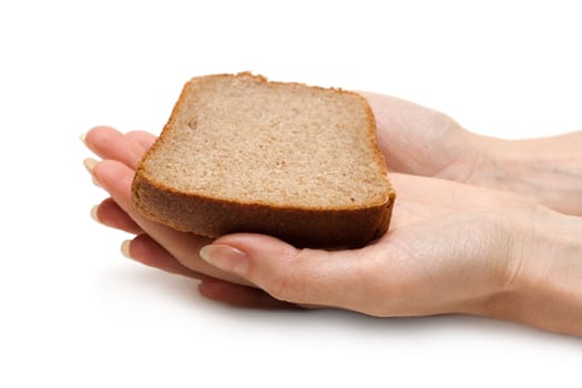 Piece of the pumpernickel in woman hands insulated on white background
