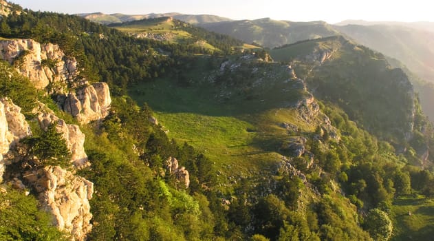 Green meadows and woods in morning mountains