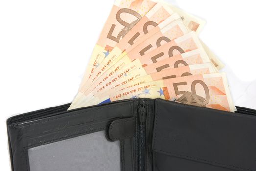 Fifty Euro notes in open black wallet