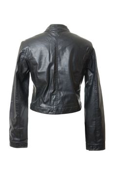 Black and short female leather jacket. Rear view. Isolated on white background