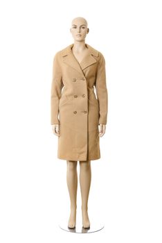 Female mannequin in wool long coat. Isolated on white background