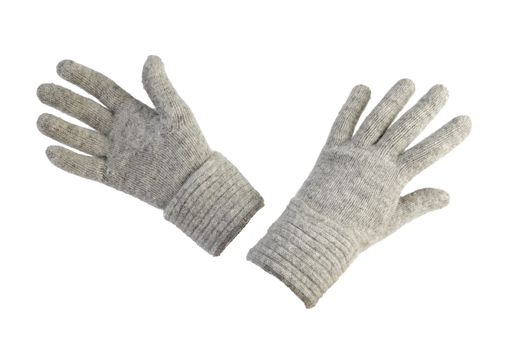 Female grey gloves made of wool. Isolated on white background