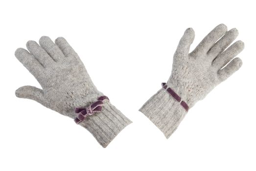 Female grey gloves made of wool. Isolated on white background