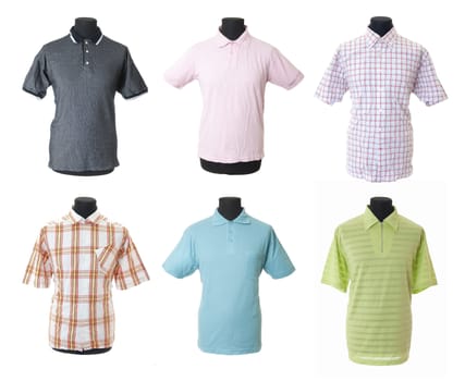 6 male multi-colored t-shirts on mannequin torso. Isolated on white background