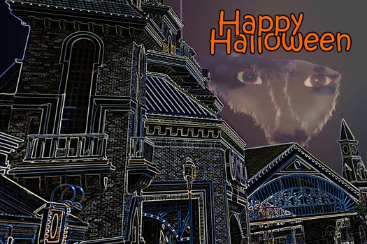 scary halloween castle with werwolf and copyspace and happy halloween text