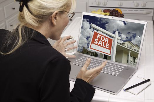 Excited Woman In Kitchen Using Laptop to Buy a Home. Screen can be easily used for your own message or picture. Picture on screen is my copyright as well.