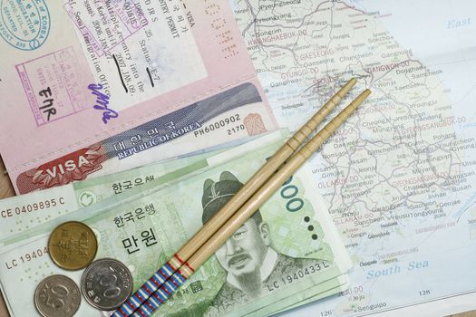 All about South Korea concept - with map, chopstick and korean visa