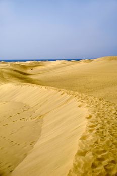 Landscape with sand dunes and people and ocean in the background.