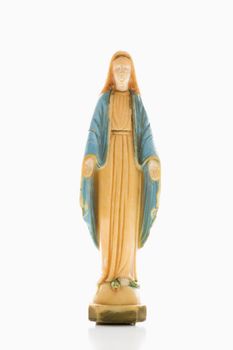 Virgin Mary statue with hands held out against white background.