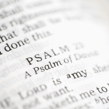 Selective focus of Psalm verses in open Holy Bible.