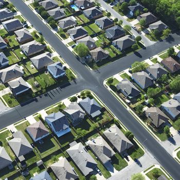 Aerial view of suburb in Bay City, Texas.