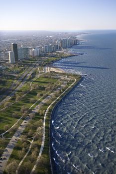 Aerial view of Chigago, Illinois skyscrapers and Lake Michigan.